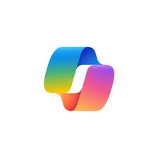 Abstract logo with colorful overlapping ribbons in gradient hues.