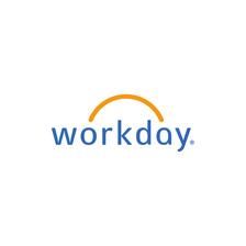 Workday logo featuring a blue text with an orange arch above.