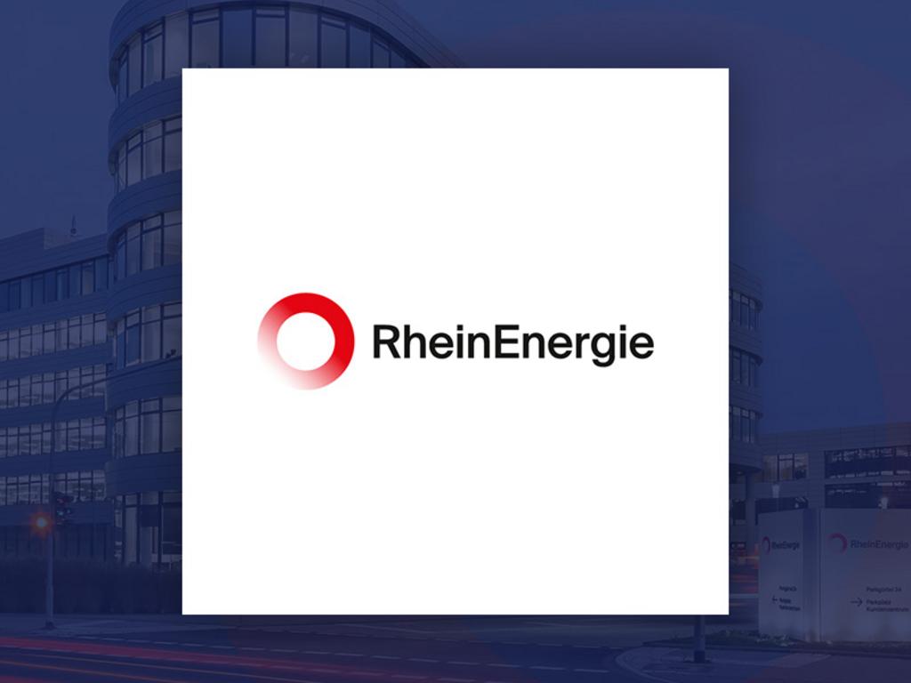RheinEnergie logo on a white background, modern building in the background.