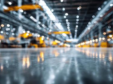 Blurry view of a large industrial warehouse with glowing lights and polished floor.