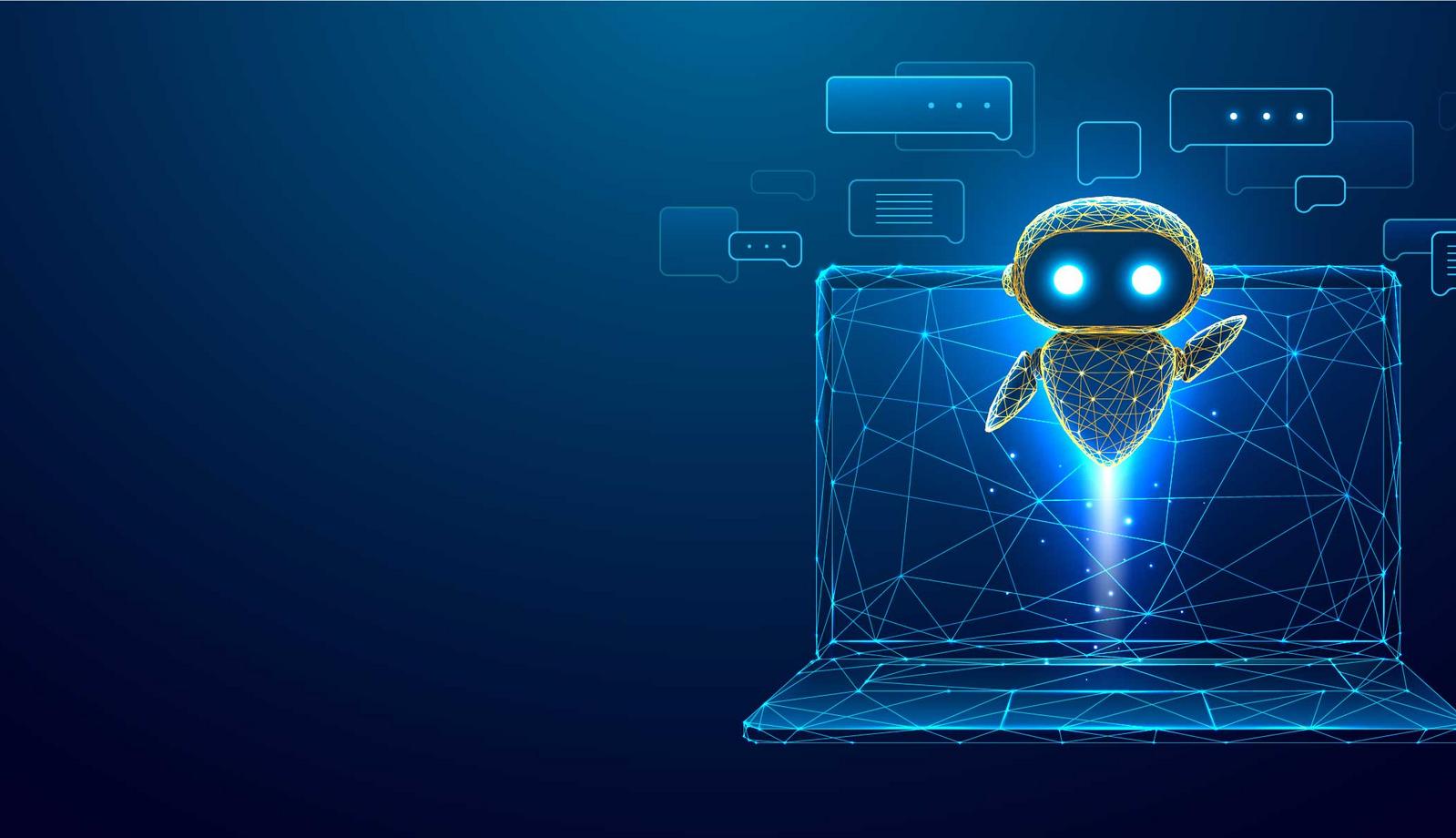 Illustration von KI-Roboters, aus einem Laptop aufsteigt, mit Symbolen für KI und digitale Assistenten