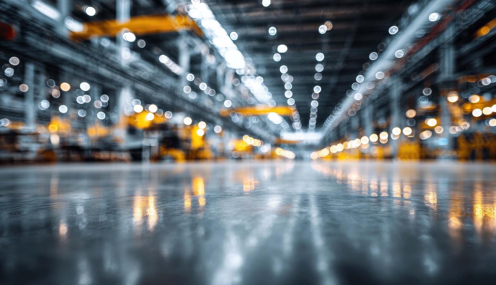 Blurry view of a large industrial warehouse with glowing lights and polished floor.