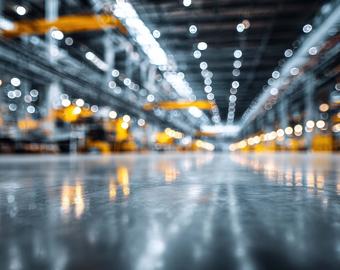 Blurry view of a large industrial warehouse with glowing lights and polished floor.